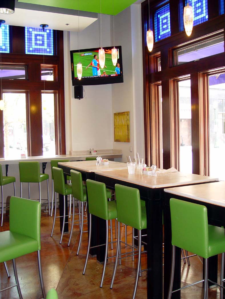 Ebonized Ash custom tables with backlit 3Form tops