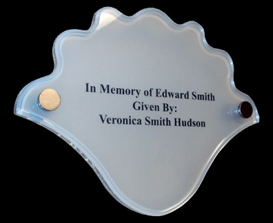 Cut & polished acrylic shell shape with engraved interleave, mounted with brushed stainless hardware