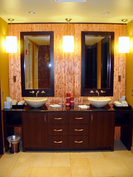 Wenge vanity; wenge mirror frames; 3Form wall